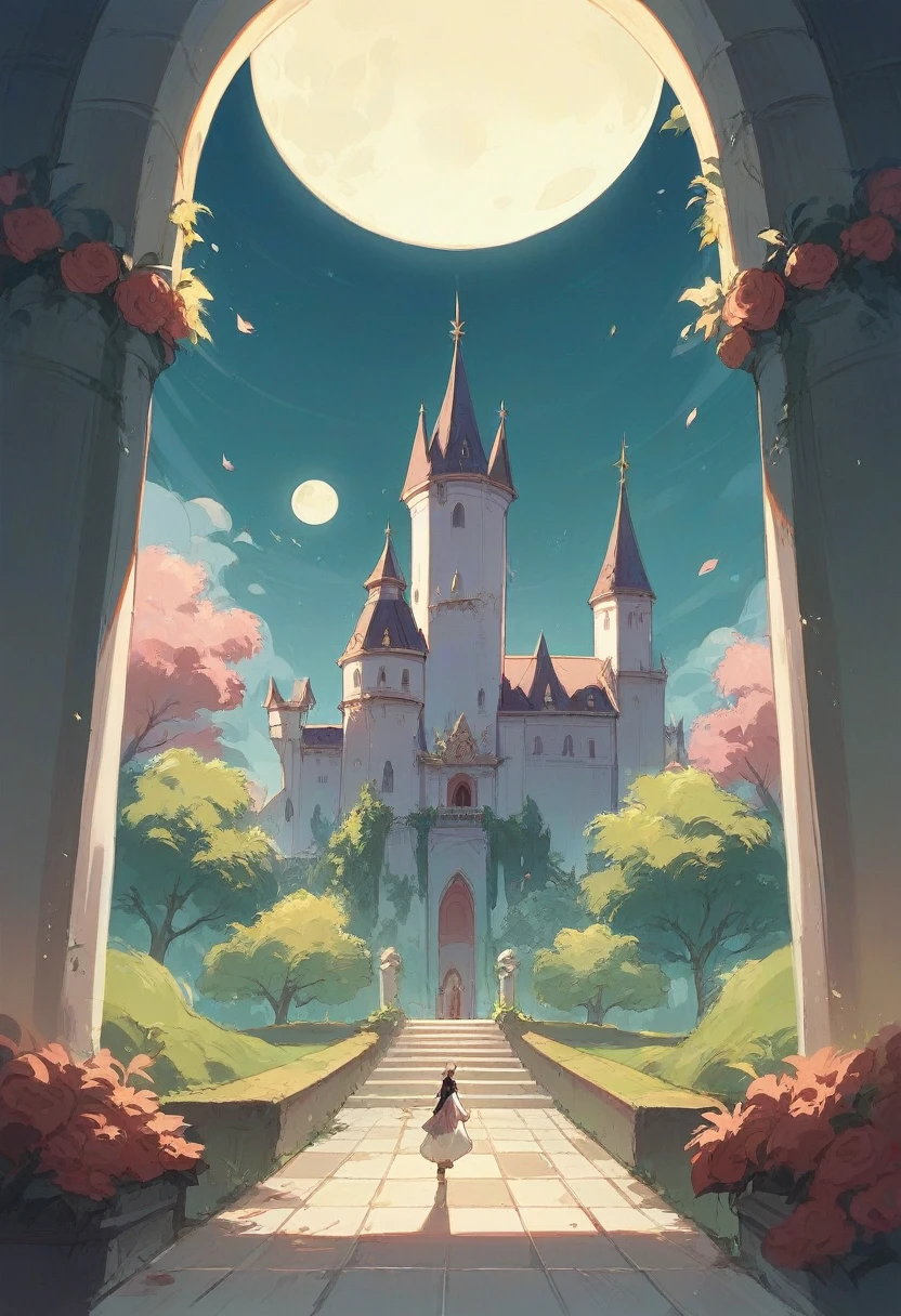 A girl with black hair walking in the castle garden on full moon night