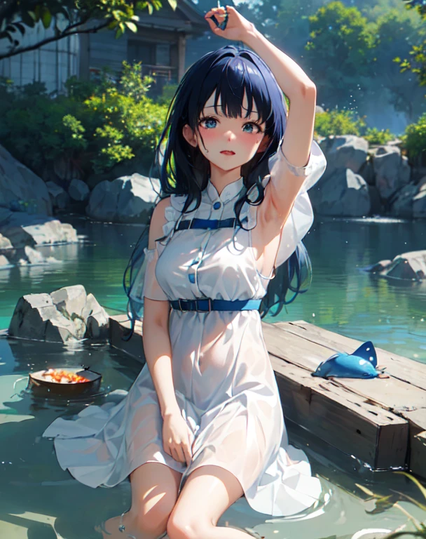 One woman、Anna Yanaomi、Blue Hair、In the river、Splash、Wave、White dress、（No sleeve）、（Shoulder）、Clothes are see-through、Body gets wet、Surprised、Holding a crab、(((Highest quality、high resolution、Realistic depiction)))、No sleeveの服、（Simple dress）