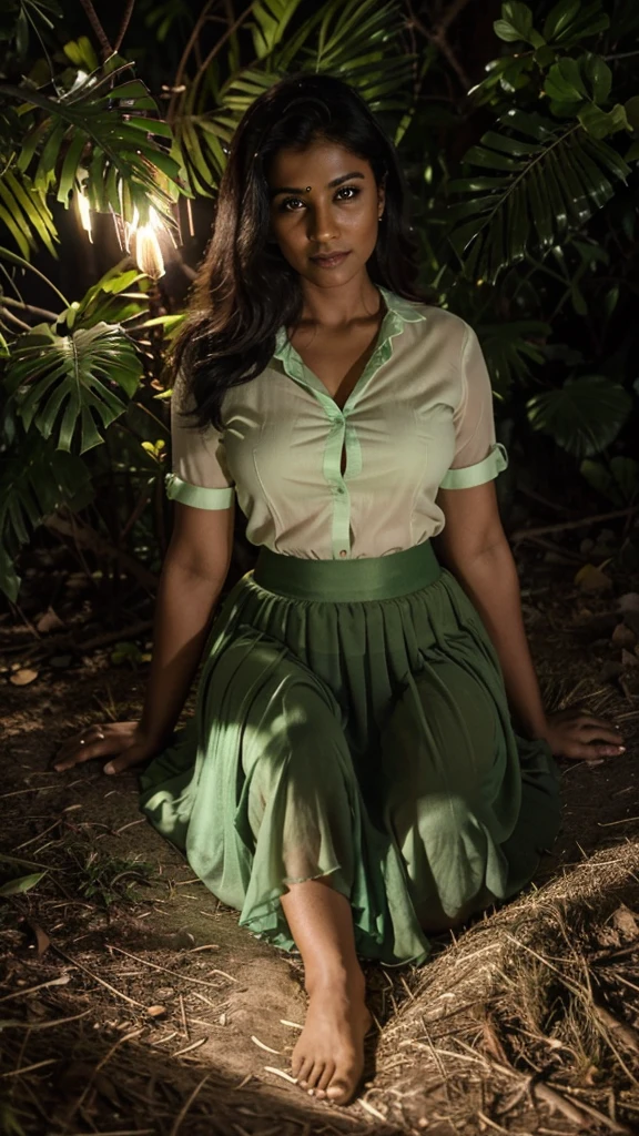 Forest, night scene, 20% light , top view, A radiant, South Indian 35 year old aunty a green chiffon skirt and shirt, sitting the floor on her knees a man standing next to her, captured in a full-body image with vibrant hues and meticulous details. Full body image