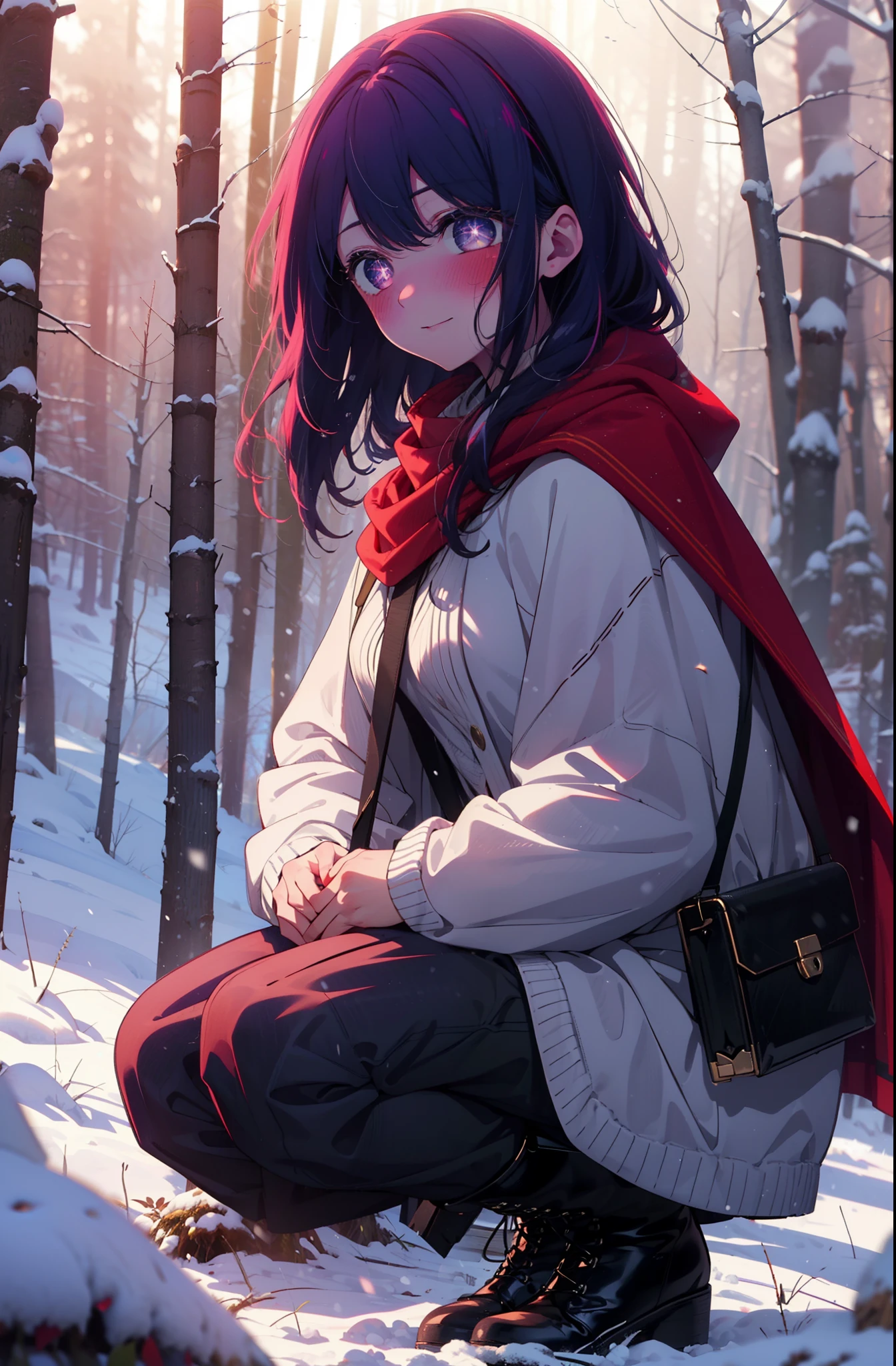 aihoshino, Ai Hoshino, Long Hair, bangs, (Purple eyes:1.1), Purple Hair, (Symbol-shaped pupil:1.5), smile,,smile,blush,white breath,
Open your mouth,snow,Ground bonfire, Outdoor, boots, snowing, From the side, wood, suitcase, Cape, Blurred, , forest, White handbag, nature,  Squat, Mouth closed, Cape, winter, Written boundary depth, Black shoes, red Cape break looking at viewer, Upper Body, whole body, break Outdoor, forest, nature, break (masterpiece:1.2), Highest quality, High resolution, unity 8k wallpaper, (shape:0.8), (Beautiful and beautiful eyes:1.6), Highly detailed face, Perfect lighting, Highly detailed CG, (Perfect hands, Perfect Anatomy),