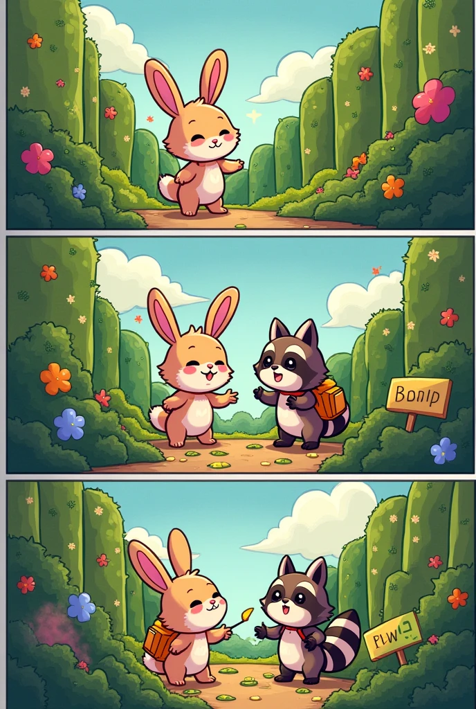 Make a comic strip with cute animals

Two characters are lost in a maze. In Panel 1, Character A says, "Let's go left!" while Character B replies, "No way, we should go right!" In Panel 2, after both realize they’re still lost, B suggests, "Maybe we should combine our ideas?" In Panel 3, they agree to work together, coming up with a new plan to split the path and mark their way out of the maze, showing their cooperation leads to progress
