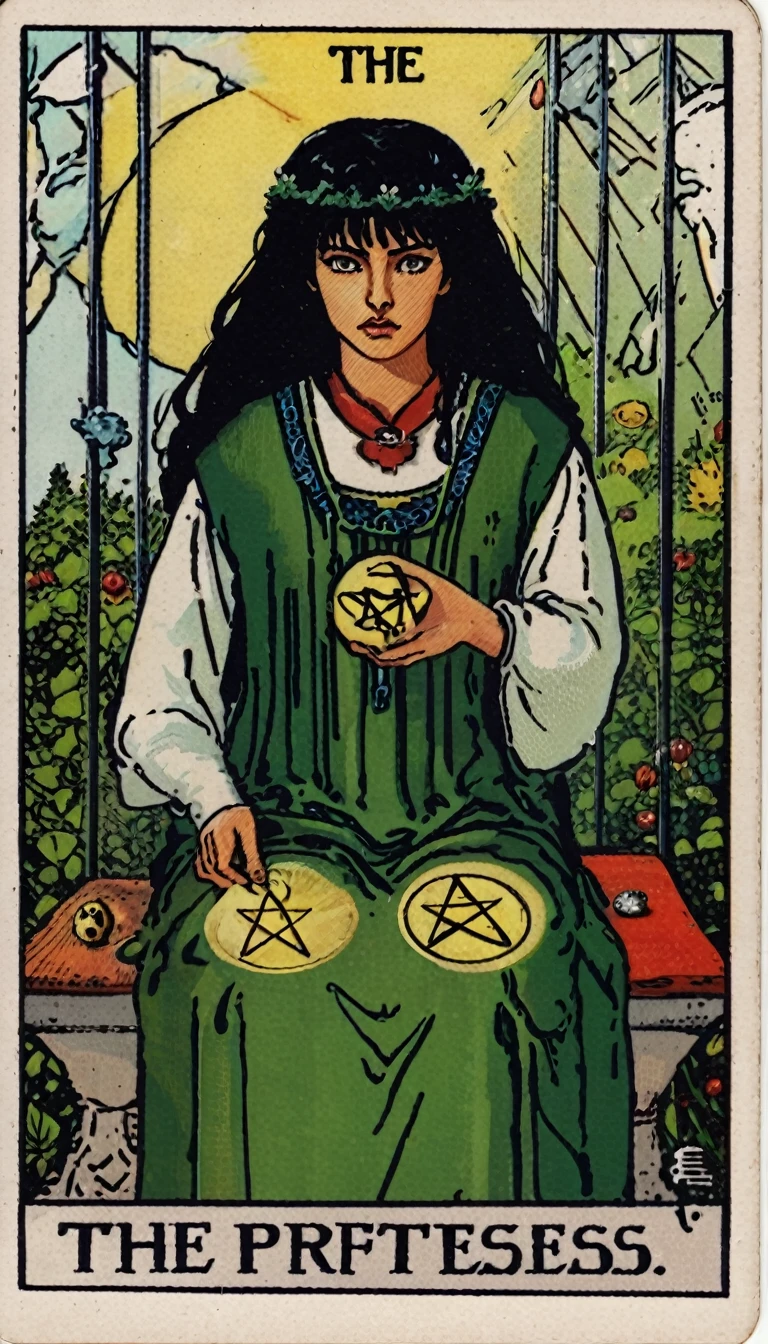 SWholo sitting in the garden, "empress" text, black hair, lks73zb1, tarot card style , ((TAROT CARD ART)) that represents Kagome (wearing a green skirted Japanese schoolgirl uniform) from Inuyasha in traditional tarot art style. holding floating crystal shard. dreamy look, breathtaking, stunning creative medieval tarot art. text at the bottom reads "The Priestess" arcana in the style of TOK a trtcrd, tarot style