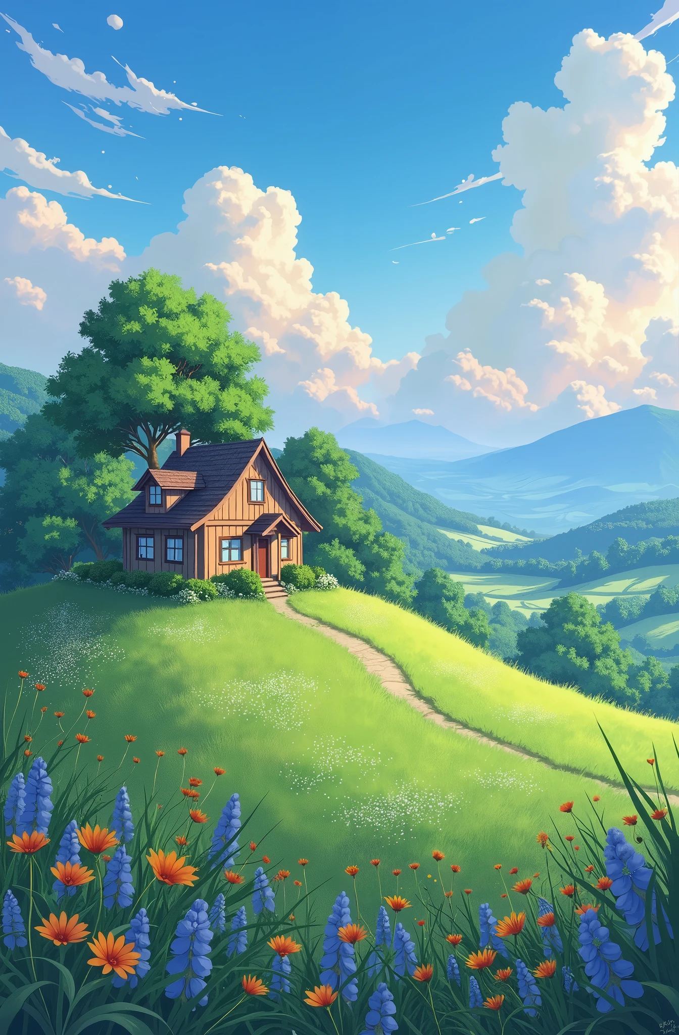 a house sitting on top of a lush green hillside, anime nature wallpap, 4 k matte thomas kinkade, anime landscape wallpaper, makoto shinkai. high detail, anime scenery, anime. by makoto shinkai, anime scenery concept art, style of makoto shinkai, by Makoto Shinkai, by makoto shinkai, background of flowery hill,  4k hd,, beautiful art uhd 4 k, a beautiful artwork illustration, beautiful digital painting, highly detailed digital painting, beautiful digital artwork, detailed painting 4 k, very detailed digital painting, rich picturesque colors, gorgeous digital painting