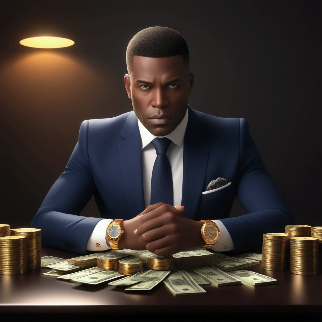 a wealthy businessman sitting at a desk, counting stacks of money, detailed facial features, high quality, photorealistic, 8k, studio lighting, detailed hands, gold watch, expensive suit, serious expression, business office interior, rich textures, warm lighting, depth of field