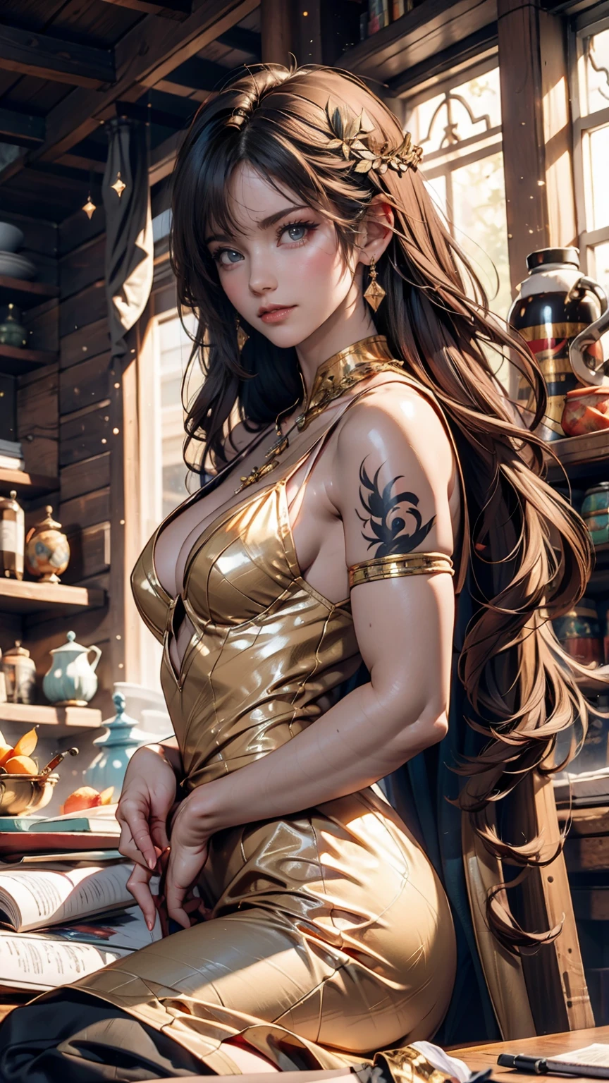 (The Goddess of Sand, beautifully decorated like in the movie, Golden Dress, Shiny gold tattoo), (Galactic Shaman with Quantum Energy Fantasy), Fantasy magic, Long Hair, Dark light night, Complex, Mysterious, Sharp focus, figure, Very detailed, Digital Painting, コンセプトart, mat, (art:WLOP), (Justin Gerard and Jason Edmiston: 1.5), (Greg Rutkowski: 0.4), (Alphonse Mucha: 0.4), masterpiece