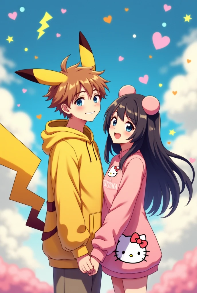 An anime man with brown-blonde hair and he is dressed up as Pikachu anime woman with long black hair and brown cute bear ears and she is dressed up as hello kitty