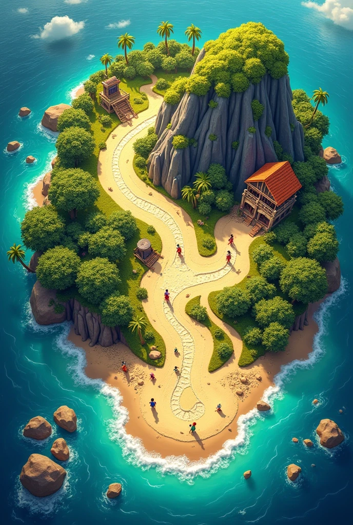 I want you to make a board for a game with approximately 60 squares to advance with the pawns and that goes to various parts of the board.. The image will be of a playing board of a tropical island seen from above as if it were a game board., divided into: beachfront, cavern, moutain, forest and mansion.