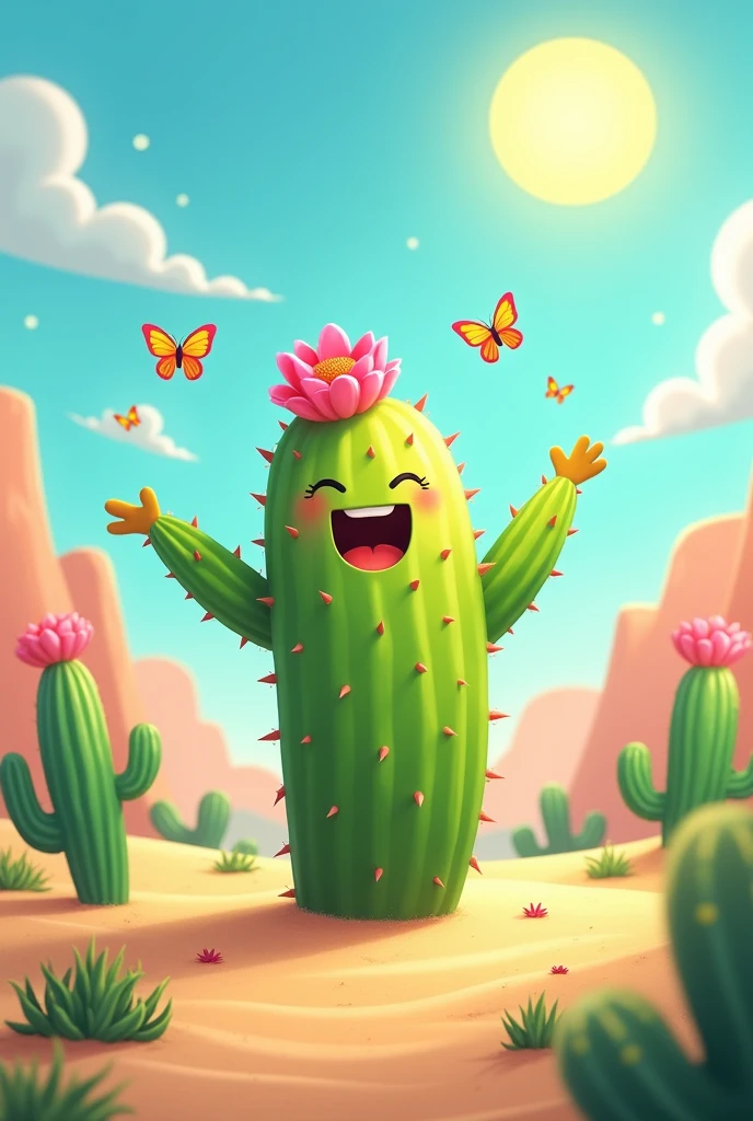 The above cactus character Saborikun、Draw a picture of yourself feeling happy.