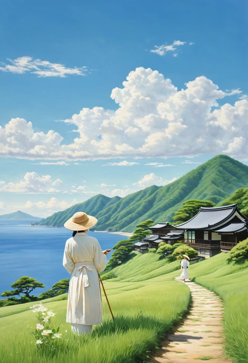 A tranquil, photorealistic landscape with gently rolling hills covered in lush, green grass under a vibrant blue sky. The scene captures the essence of peaceful, nostalgic Japanese countryside, with soft, warm lighting creating a serene, dreamlike atmosphere. A few fluffy, white clouds drift lazily in the sky, and sunlight casts gentle shadows across the landscape. In the distance, a small village with traditional Japanese houses is nestled among the hills, connected by winding paths leading up the slopes.
In the foreground, a man and a woman stand together, blending seamlessly into the picturesque setting. The man is dressed in a crisp white shirt and ivory-colored pants, wearing glasses and a white polka-dotted hat. The woman wears a long-sleeved cream-colored dress with a plain white apron, holding a paintbrush in her right hand and a painter's palette in her left. She wears a beach hat adorned with a single white flower. The scene captures a quiet moment of creative inspiration and calmness, with the couple framed against the serene, idyllic landscape, evoking a sense of tranquility and reflection.