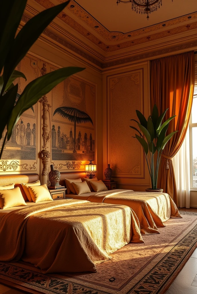 create a spacious bbb room with 9 beds, some on one side and others on the other,fourth egyptian theme 
