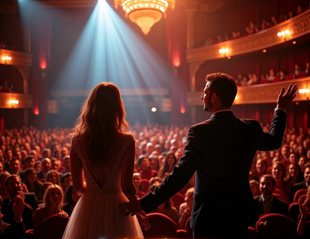 A husband gives his support and cheers for his wife who is singing on stage with more than a thousand people in a large theater.