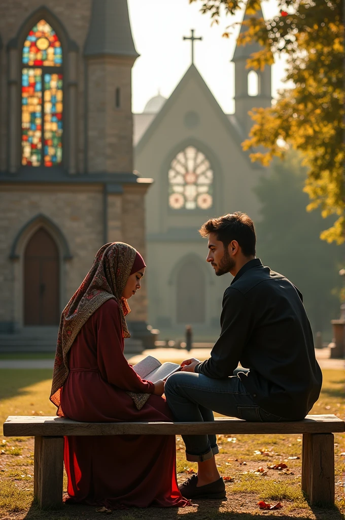 Backside pic of Islamic girl sitting on bench and reading something with his guy in the front of church

