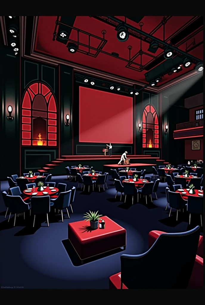 photorealistic, red, jazz club, stage, large interior, tables, spacious, big building, tables and chairs, performing stage, moody, red