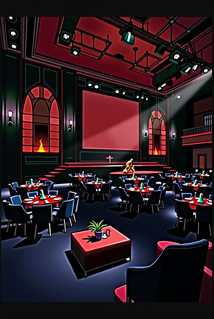 photorealistic, red, jazz club, stage, large interior, tables, spacious, big building, tables and chairs, performing stage, moody, red