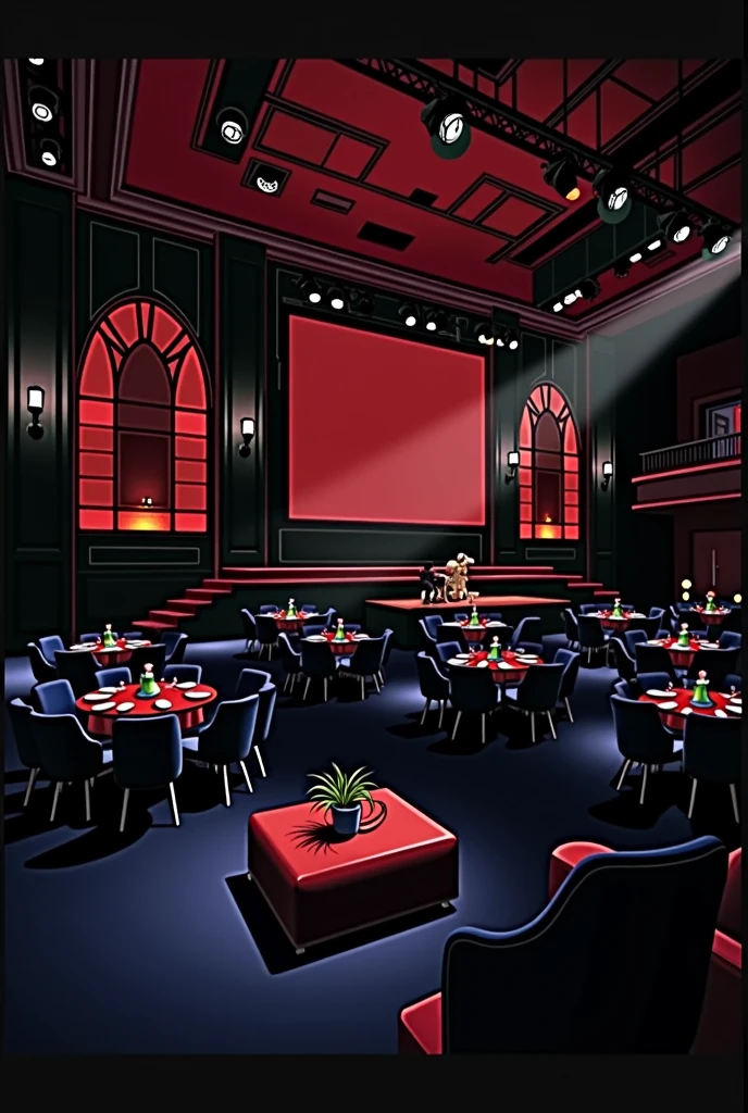 photorealistic, red, jazz club, stage, large interior, tables, spacious, big building, tables and chairs, performing stage, moody, red