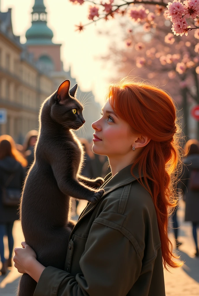A ginger russian girl with green eyes with dark grey cat named betty in love with a medical student big boy with glasses