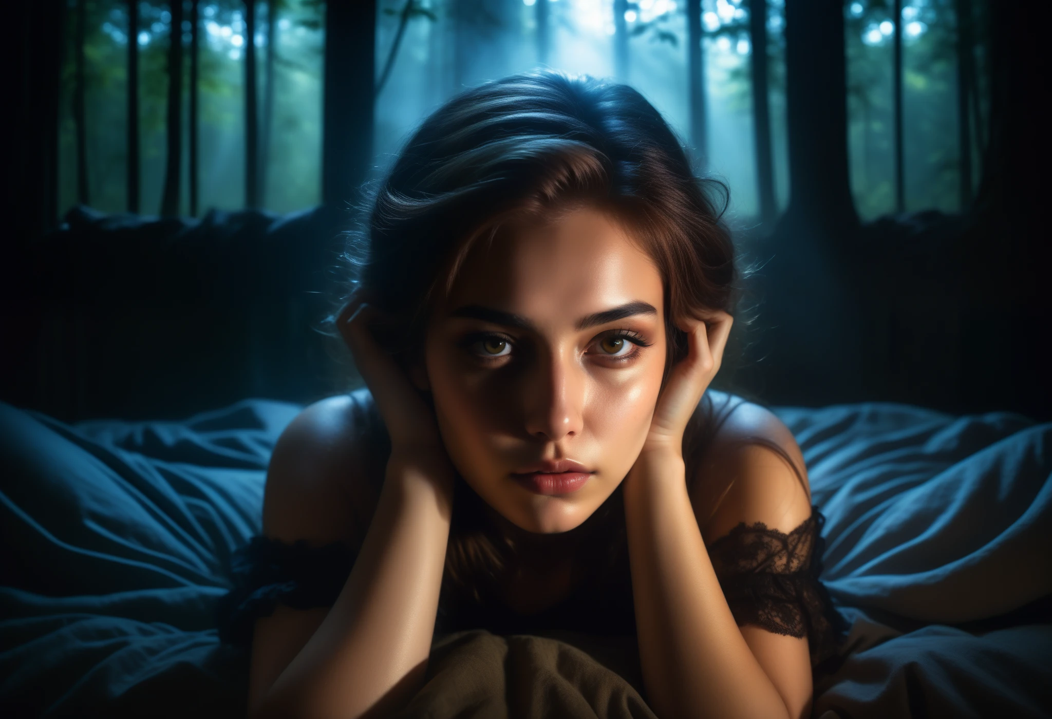 Beautiful young woman with sleepy smoky eyes ,
comfortable, Lying in a room with a dark art view of the forest , Dim Light, Rim Light, Dark Shadows, Dramatic lighting,