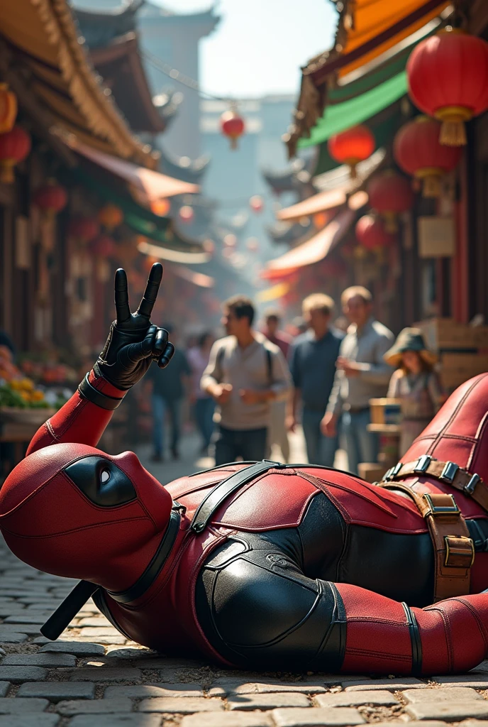 (photorealism:1.2), (HDR quality), (realistics), the deadpool is laying on the ground, he get stabs by wolverine claws on the chest(angry face), deadpool with his one hand is raise peace mark fingers, at the traditional market(detailed situations and conditions), many people watching them