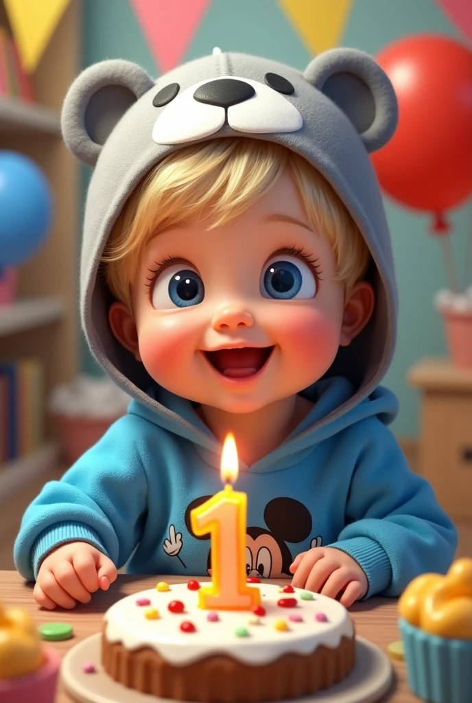 1 years old baby boy. He has light skin, short medium blond hair with bangs. Dark Blue eyes. He is smiling brightly. he is wearing a gray hat with bear face. He is wearing a blue hoodie with in mickey mouse aesthetics. He is celebrating his first birthday with a cake with a candle number 1. Character should be colorful and have a fun, friendly look, with exaggerated, expressive features. Big expressive eyes and smiling. Pixar style
