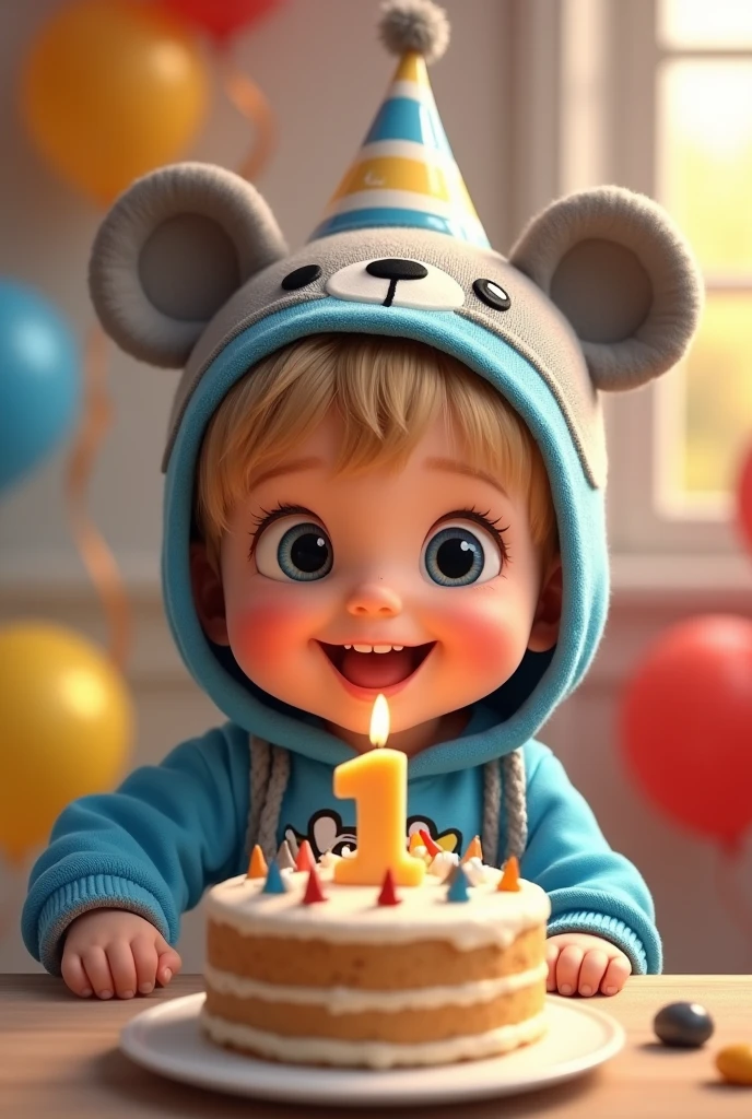 baby boy. He has light skin, short medium blond hair with bangs. Dark Blue eyes. He is smiling brightly. he is wearing a gray hat with bear face. He is wearing a blue hoodie with in mickey mouse aesthetics. He is celebrating his first birthday with a cake with a candle number 1. Character should be colorful and have a fun, friendly look, with exaggerated, expressive features. Big expressive eyes and smiling. Pixar style