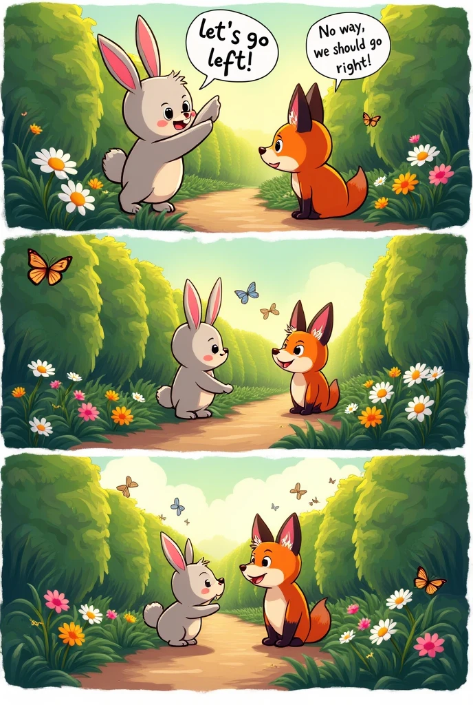 Make a comic strip with cute animals

Two characters are lost in a maze. In Panel 1, Character A says, "Let's go left!" while Character B replies, "No way, we should go right!" In Panel 2, after both realize they’re still lost, B suggests, "Maybe we should combine our ideas?" In Panel 3, they agree to work together, coming up with a new plan to split the path and mark their way out of the maze, showing their cooperation leads to progress