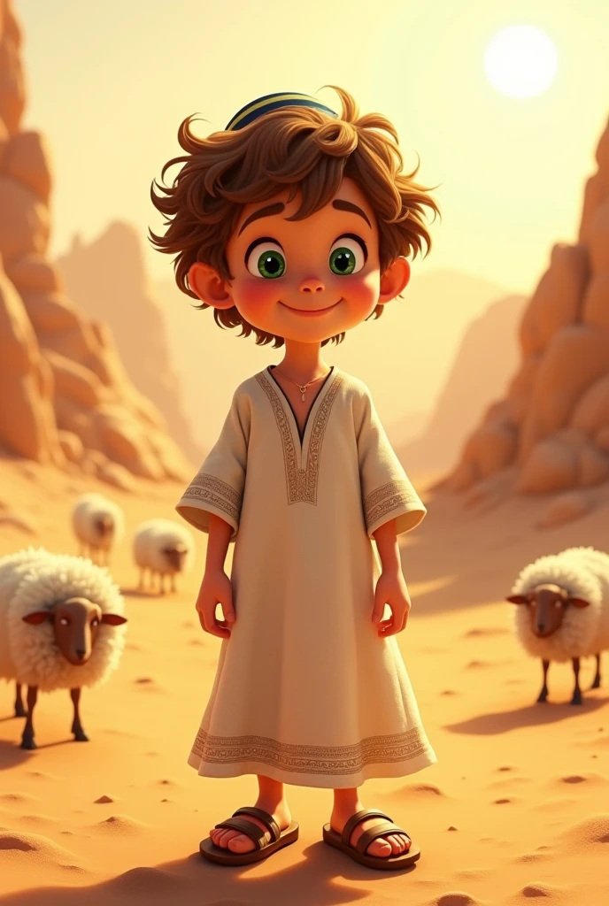 a young jew, Full-body image, ((())), ((Pixar-style)), Caucasian skin, (((Curly hair))), moreno claro, dark green eyes, wearing a white Jewish dress, jewish sandal, happy and welcoming expression, detailed facial features, complex clothing folds, warm lighting, cinematic composition in the desert with sheep nearby, rewarded photography.