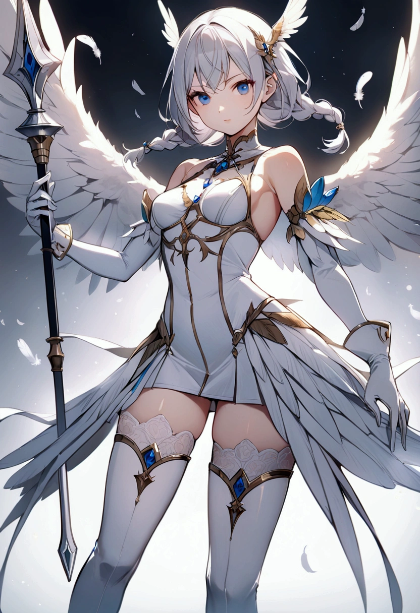 slender, mature female, rating:safe, 1girl, rating:safe, solo, blue_eyes, polearm, thighhighs, wings, thigh_boots, weapon, silver_hair, breasts, spear, gloves, holding, boots, short_hair, white_legwear, holding_weapon, twin_braids, standing, looking_at_viewer, small_breasts, dress, long_hair, hair_ornament, medium_breasts, bangs, closed_mouth, feathers, white_gloves