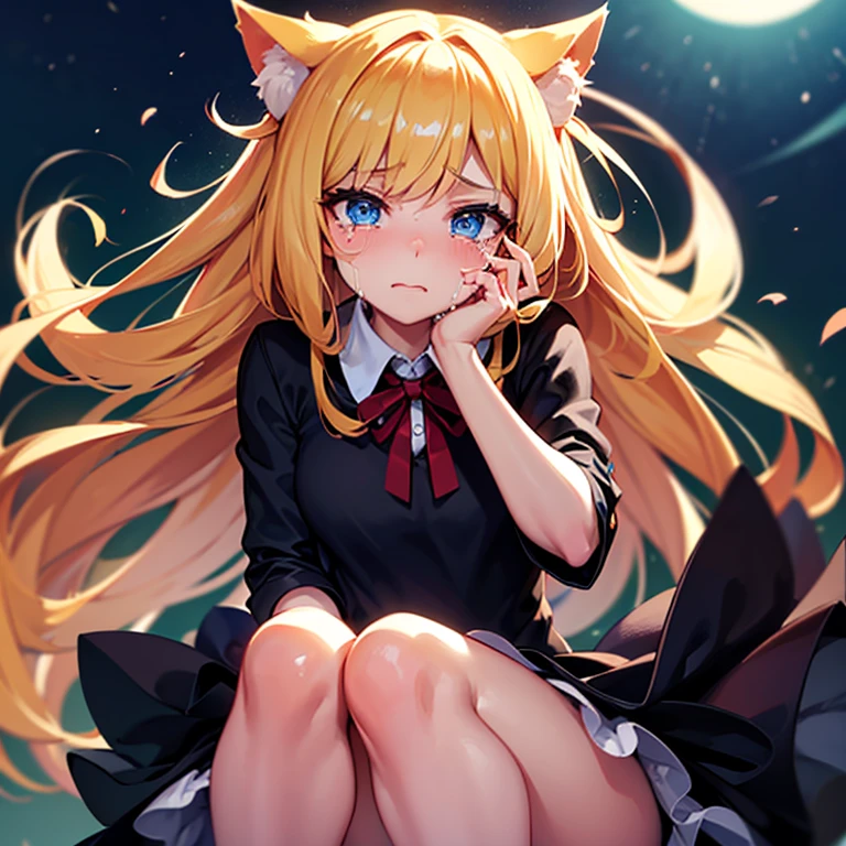 Sad girl with blond hair, cat ears. Blue eyes. in black top. In skirt. Crying. (Tears 8)