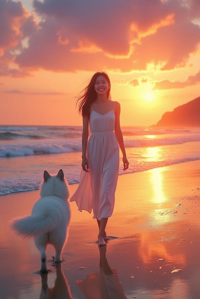 Highest quality, masterpiece, Ultra-high resolution, full body, A beautiful sunset over the coastline. The waves are gently lapping at the shore. A slender Japanese woman in her mid-20s, wearing a white dress, is walking slowly along the water’s edge. As she walks, she gives a light smile towards the camera. Following behind her is a large dog with fluffy white fur.
