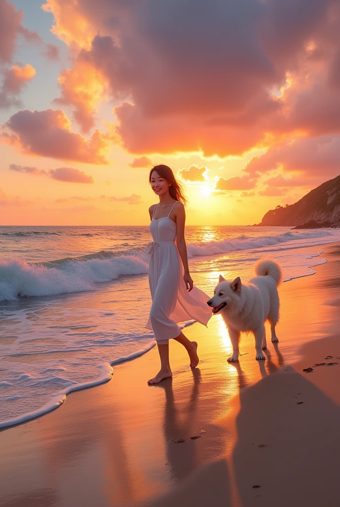 Highest quality, masterpiece, Ultra-high resolution, full body, A beautiful sunset over the coastline. The waves are gently lapping at the shore. A slender Japanese woman in her mid-20s, wearing a white dress, is walking slowly along the water’s edge. As she walks, she gives a light smile towards the camera. Following behind her is a large dog with fluffy white fur.