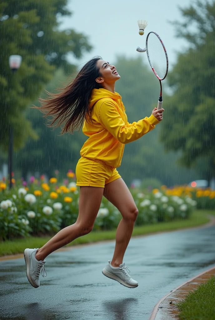 Beautiful girl in rain and play badmintion