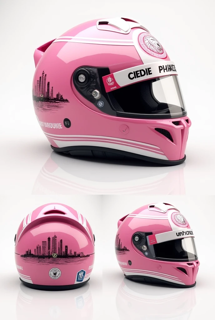 F1 Helmet design. Pink dominant, faded colour, white accent. Lion head vector on top, singapore skyscape vector circle represent singapore gp. Make it elegant, luxurious, and f1 spirit. Include top, side, back view