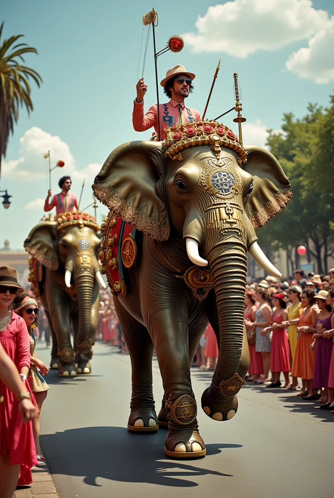A grand parade featuring surreal floats and performers, blending 1960s kitsch with steampunk aesthetics. Brass elephants with rotating gears march alongside jugglers and stilt-walkers, all dressed in vibrant, retro costumes. The parade route is lined with spectators in 1960s-inspired outfits, adding to the nostalgic yet surreal vibe