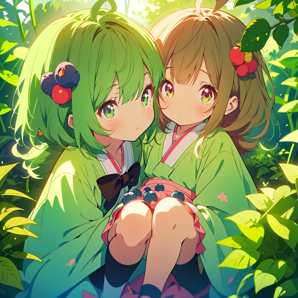 kawaii, anime, Cute, hyper quality, highly detailed, 8k, Clarity, Draw facial expressions in detail, green baby with dark brown long hair, Baby with short light pink hair and scarlet eyes, blueberry, good friends, highlight on eyes, blueberry field,