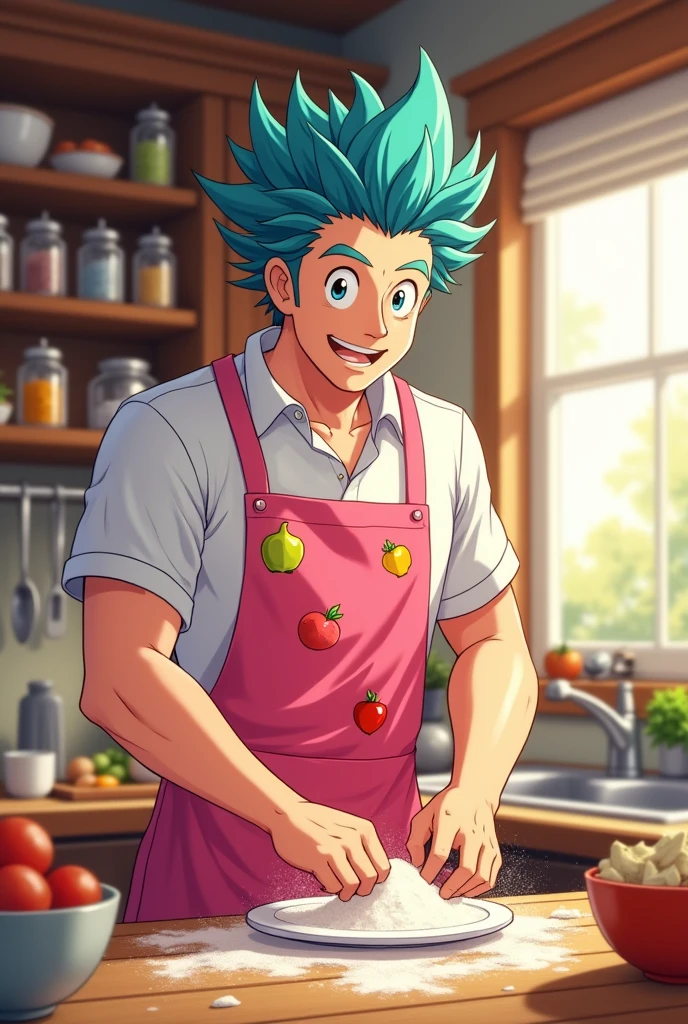A man is in the kitchen pink Apron anime