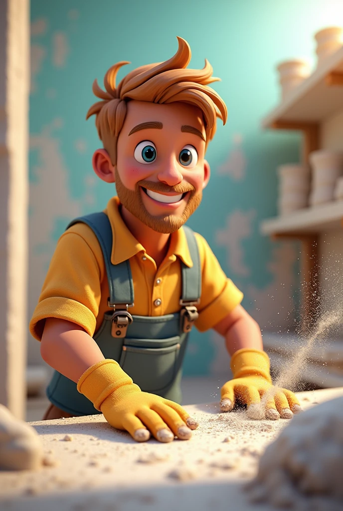 Image professionnelle pour photo de profil Instagram de mon compte de Plaquiste enduiseur, fais un avatar de moi en plaquiste, entrain de travailler, j'ai un bouc, cheveu châtain très clair et très court très court, presque chauve, souriant. fais comme une image de jeu