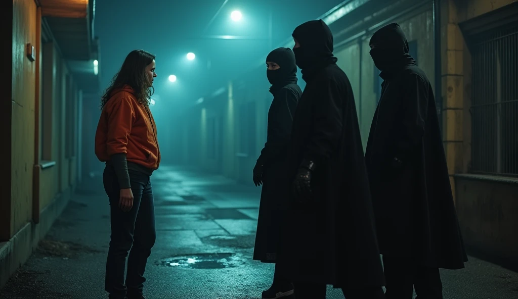 3 famme qui porte une cagoule et qui porte des gants pour kinape une famme dans la rue 