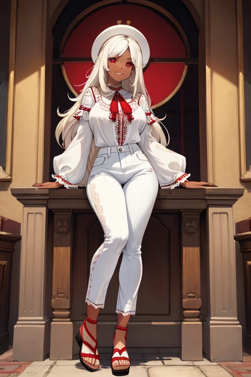 female, white long hair, red eyes, dark skin, (((1girl))), (((white lace blouse))), (white denim pants), (gold low heel sandals), cute and sexy, full body, large breasts, long legs, smiling