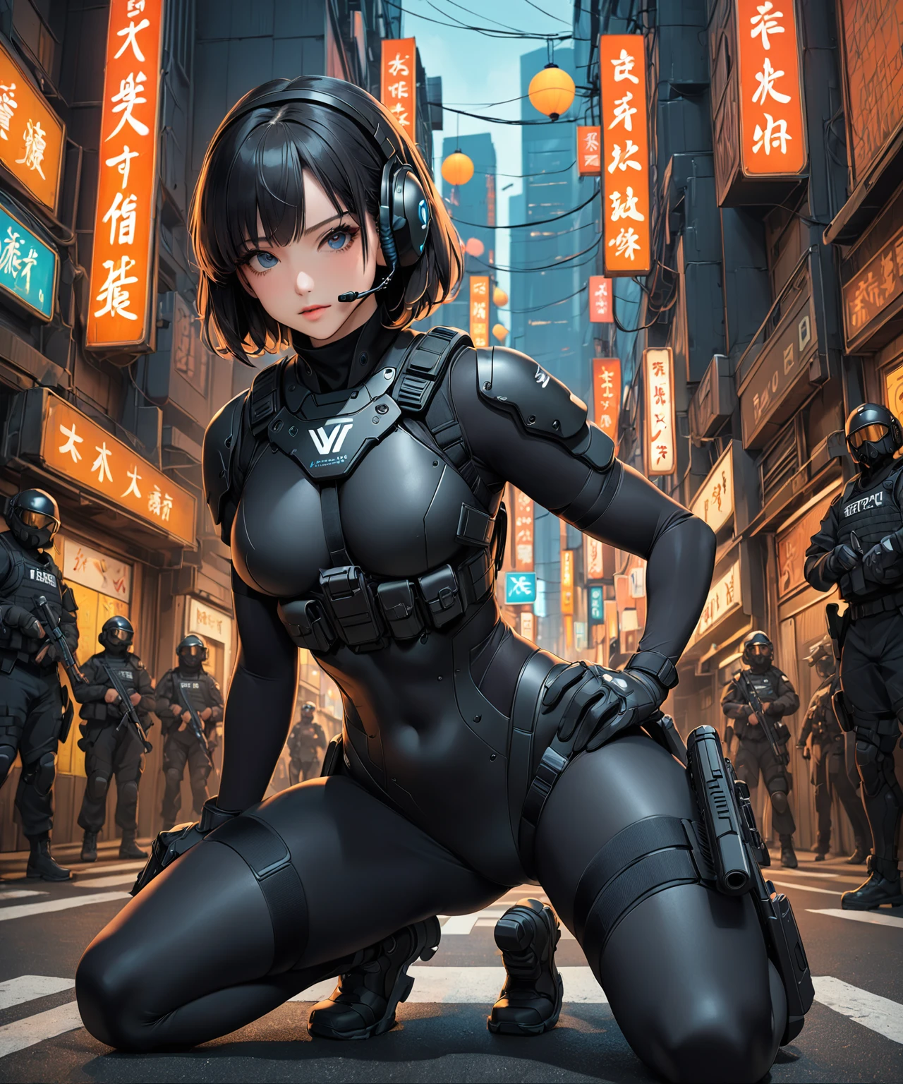 (masterpiece:1.2,Highest quality,Highest quality,Very detailed:1.2),8k,wallpaper,(One woman in the Japan),(Future female SWAT team members),(((pistol:1.6))),(Extremely form fitting black tactical bodysuit),(Tactical Headset),(Tactical Holster),(Tactical Gloves),break(Severe),(Short Hair),(Black Hair),(cute),(Beautiful Face),(Beautiful Eyes),(Beautiful Eyes),(Very detailedな顔),(Very detailedな女性のhand),(Muscular),(sexy),(Medium breast,(Thick thighs),(Beautiful body),(The background is the neon streets of a future city:1.6),(cyber punk:1.6),(((hand,detailed,perfection,perfectionion,hand))),(Beautiful female hand),(正確なhand描き),(Kneeling pose)