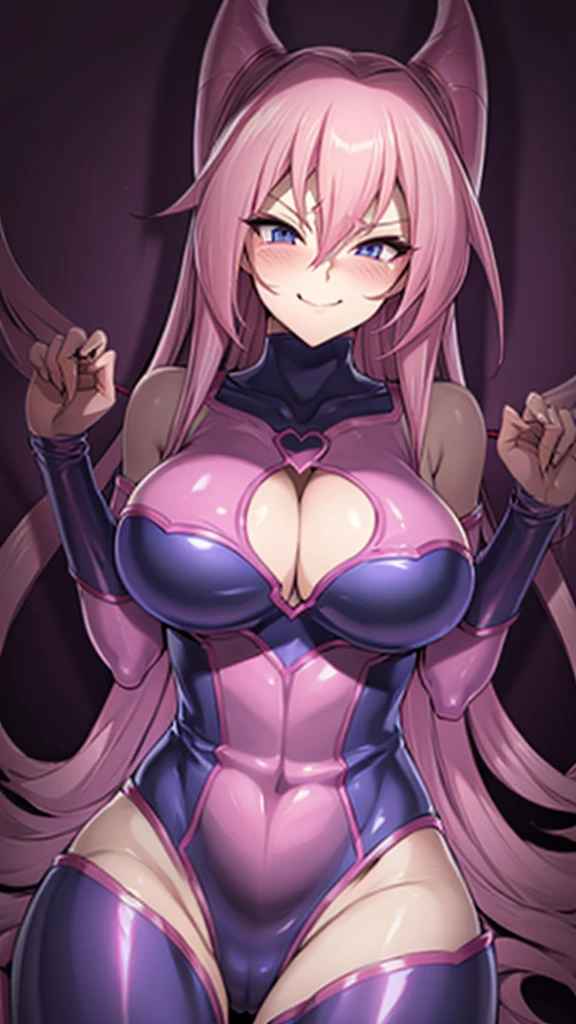 Erotic、tall、Big Breasts、Shiny latex rubber suit、turtleneck、Pastel pink lines、Evil Combatants、sexy、Evil smirk face、tall、adult、lure、Alluring、Pitch black background、Dark bedroom at night、Fall into Darkness、Fallen into evil、Blushing、Upper Body