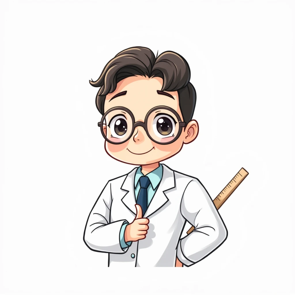 a cute cartoon style professor, 1 man, glasses, one arm in front, pointing to viewer, one hand holding a ruler behind his back, cartoon illustration, cute, adorable, whimsical, colorful, vibrant, dynamic pose, detailed facial features, expressive eyes, humorous, stylized, sketch-like, high detail, 4k, best quality