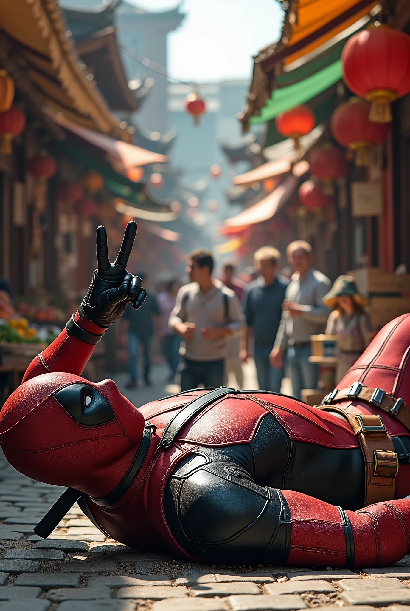 (photorealism:1.2), (HDR quality), (realistics), the deadpool is laying on the ground, he get stabs by wolverine claws on the chest(angry face), deadpool with his one hand is raise peace mark fingers, at the traditional market(detailed situations and conditions), many people watching them