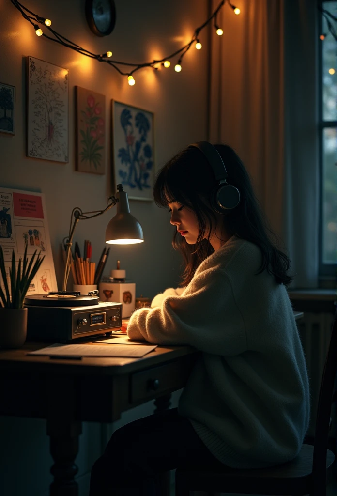 night、Girl listening to music in a cozy room, Use headphones, 2Dスタイルanime, Lo-Fi, hard disk, Dark Environment,,anime,Makoto Shinkai style