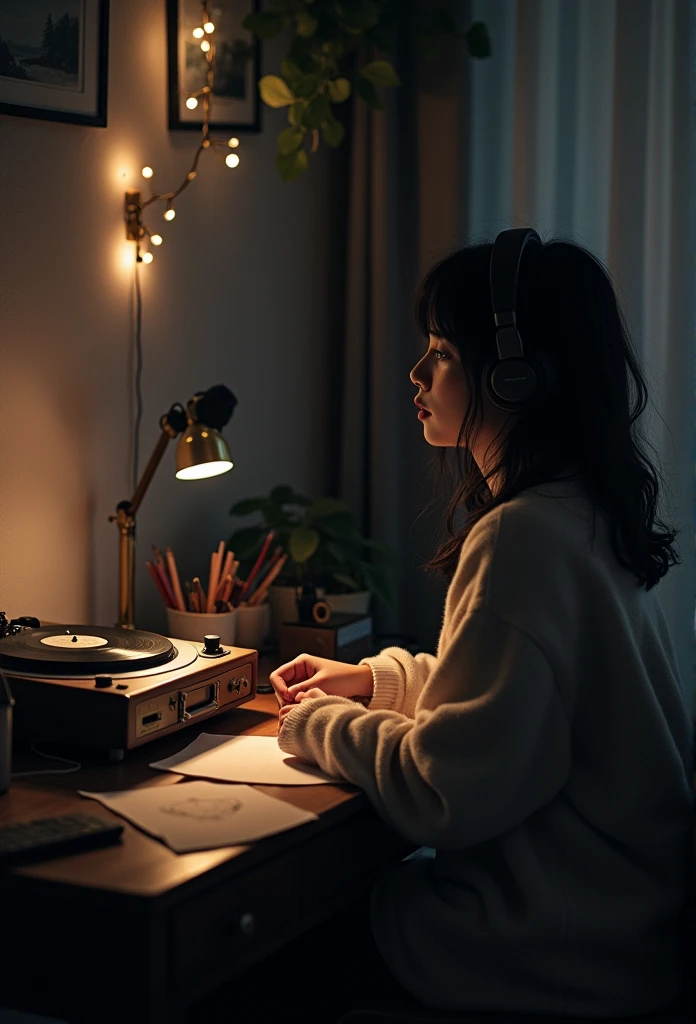 night、Girl listening to music in a cozy room, Use headphones, 2Dスタイルanime, Lo-Fi, hard disk, Dark Environment,,anime,Makoto Shinkai style