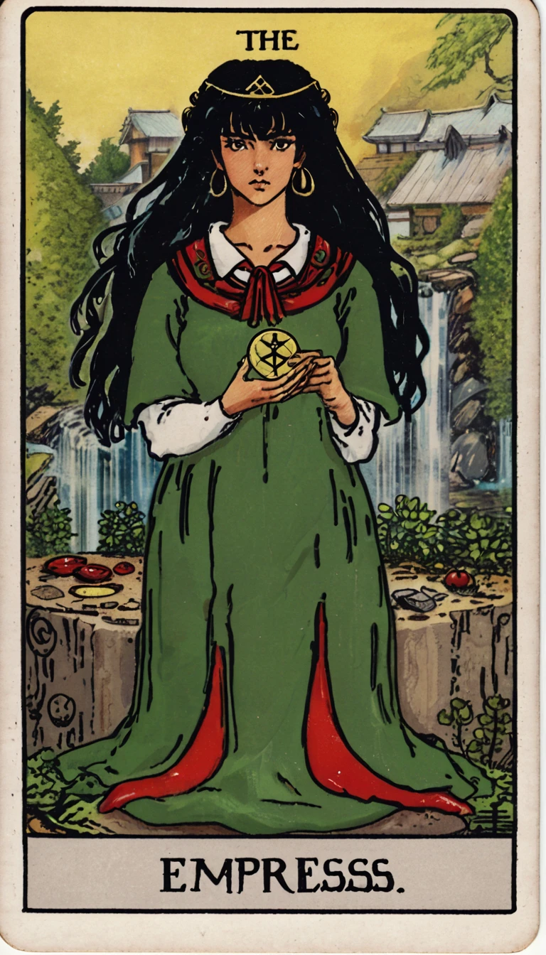 SWholo sitting in the garden, "empress" text, black hair, lks73zb1, tarot card style , ((TAROT CARD ART)) that represents Kagome (wearing a green skirted Japanese schoolgirl uniform) from Inuyasha in traditional tarot art style. holding floating crystal shard. dreamy look, breathtaking, stunning creative medieval tarot art. text at the bottom reads "The Priestess" arcana in the style of TOK a trtcrd, tarot style, kagomexl, long hair, black hair, brown eyes, bangs, school uniform, serafuku, sailor collar, red neckerchief,