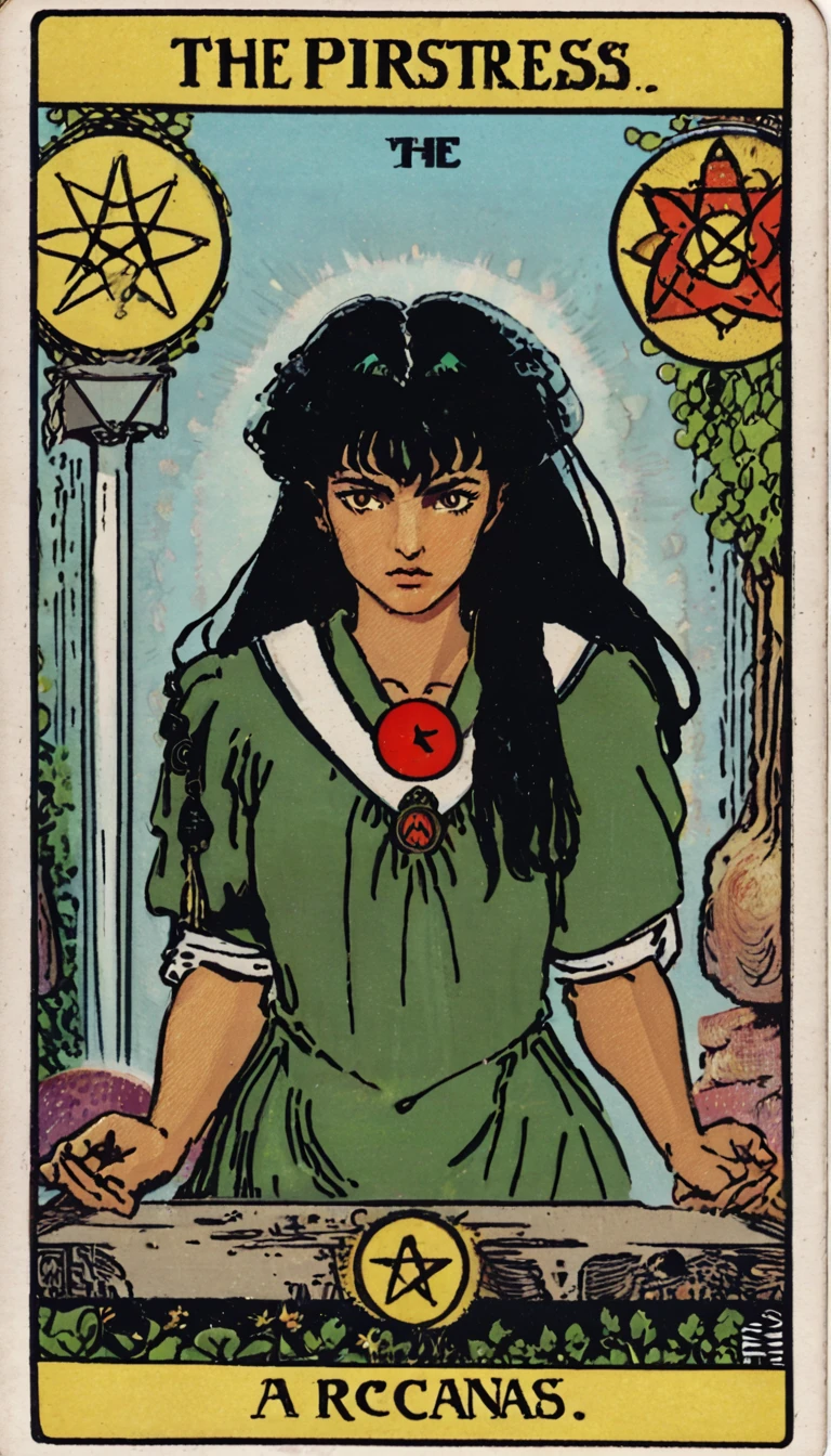 SWholo sitting in the garden, "empress" text, black hair, lks73zb1, tarot card style , ((TAROT CARD ART)) that represents Kagome (wearing a green skirted Japanese schoolgirl uniform) from Inuyasha in traditional tarot art style. holding floating crystal shard. dreamy look, breathtaking, stunning creative medieval tarot art. text at the bottom reads "The Priestess" arcana in the style of TOK a trtcrd, tarot style, kagomexl, long hair, black hair, brown eyes, bangs, school uniform, serafuku, sailor collar, red neckerchief,