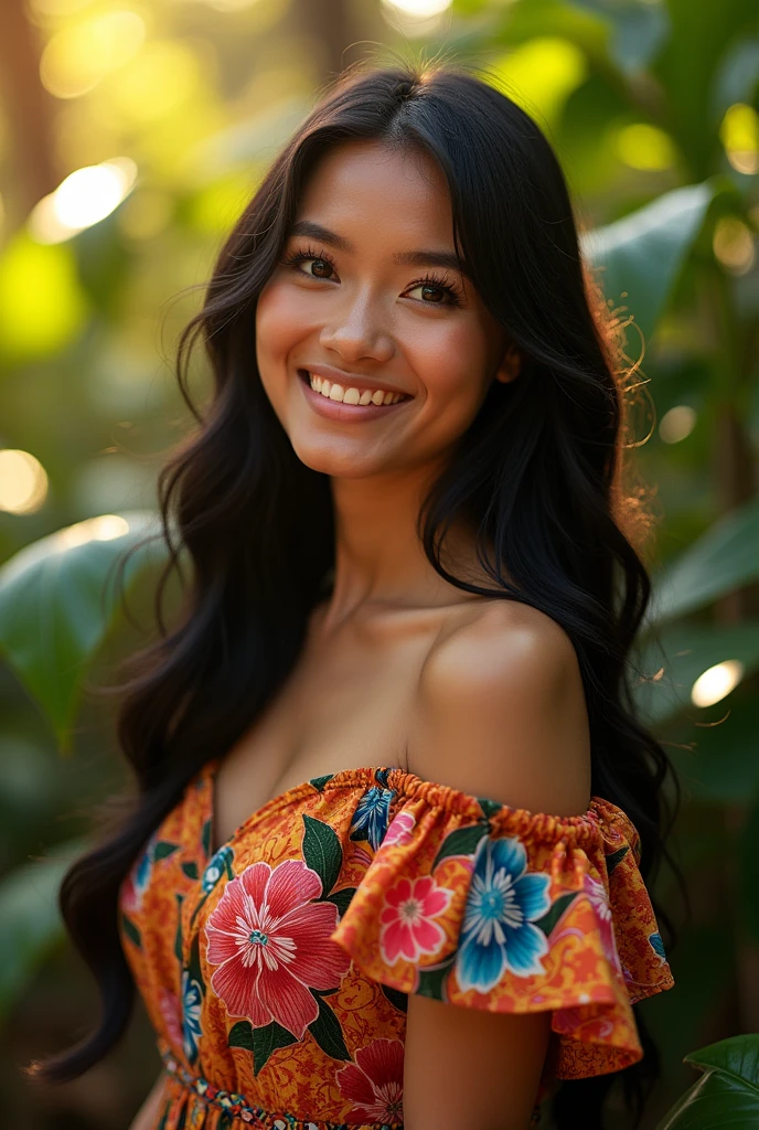 A Brazilian woman in a lush tropical garden, wearing an open shirt with a floral print, with a close-up capturing the harmonious beauty between her breasts and the natural flowers, showing off your natural charm and outgoing personality.