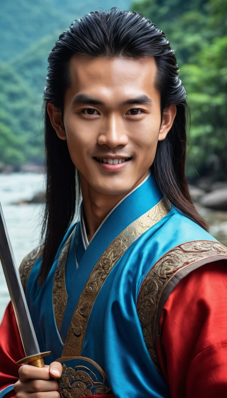 Character Lenh Ho Pulse, work Tieu Ngao Giang Ho by Kim Dung, China, ancient swordplay film. Panoramic photo, Handsome young man, long hair, brown skin, very handsome makeup, hair with spiritual accessories, wearing ancient Chinese costumes of blue and red brocade in many colors, holding a ((long sharpen sword)), wearing jewelry care, ((smiling face)), using high-end cosmetics. The photo shows a strong, graceful look, strong spirit, the boy's eyes look straight directly to camera. The background is the rocks on the river surrounded by trees, limestone pillars, mountain river trees, majestic natural scenery, beautiful Vietnamese jungle, beautiful nature in the background, Chinese scenery, forest and river, very beautiful scenery, beautiful jungle scenery, wonderful scenery , trees and rocks. Background of the river forest, mountain forest scenery, beautiful jungle, blue sky, white clouds. Hong Kong cinema style. Cinematic light, high detail, 8K, artstation, artistic concept, any virtual darkness. Photo taken with Canon EOS R5 85mm f/11 camera, sharp mode of people and surroundings. Photo quality 8K, realistic, masterpiece, sharpest and highest contrast, amazing depth of field, stereoscopic light, strong and fierce emotion, detailed pore defect, Direct light on face, bright sunlight.