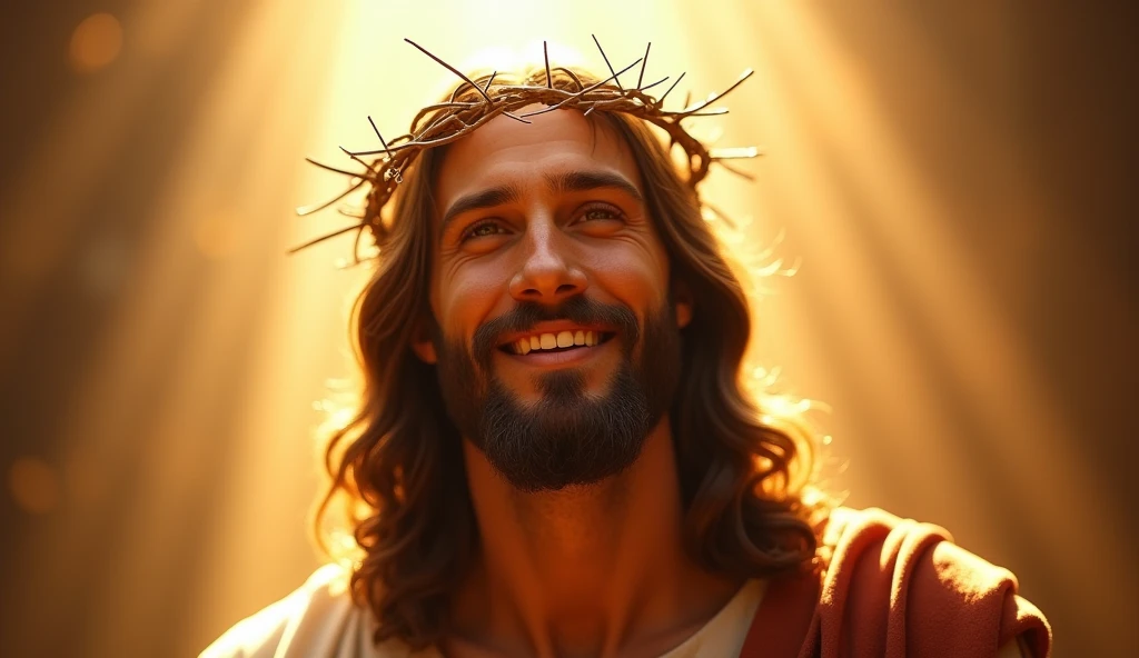 Jesus with a crown of thorns on his head, JesusChrist, the lord and savior, portrait of JesusChrist, Jesus of Nazareth, brilliant light masterpiece, jesus, greg olsen, king of kings, beautiful image already created, Bright halo above your head, sua mente contemplando a eternidade, glorious light,!! jesus SMILING.
