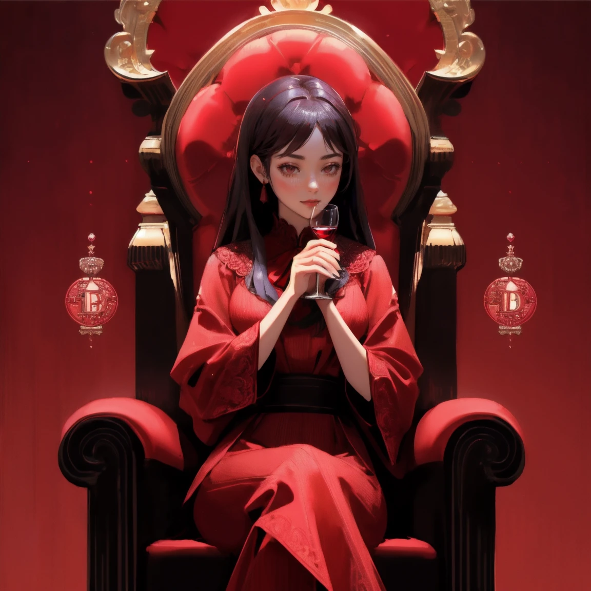Mysterious woman in a red dress seated in a grand chair, holding a glass of red wine. The backdrop is dominated by a massive Bitcoin logo with intricate dollar bills woven into the background, all in a rich red theme. The words 'Funds Safu' are subtly integrated, representing financial security and power.